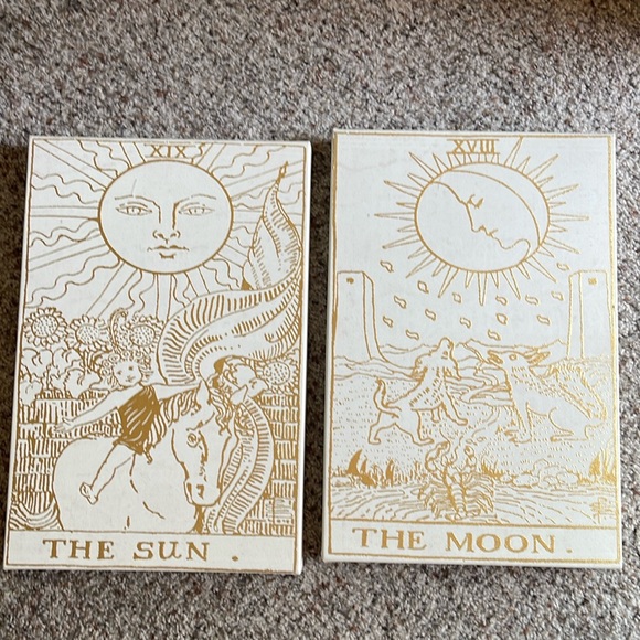 Celestial canvas art set The Sun and The Moon creamy white and metallic gold
